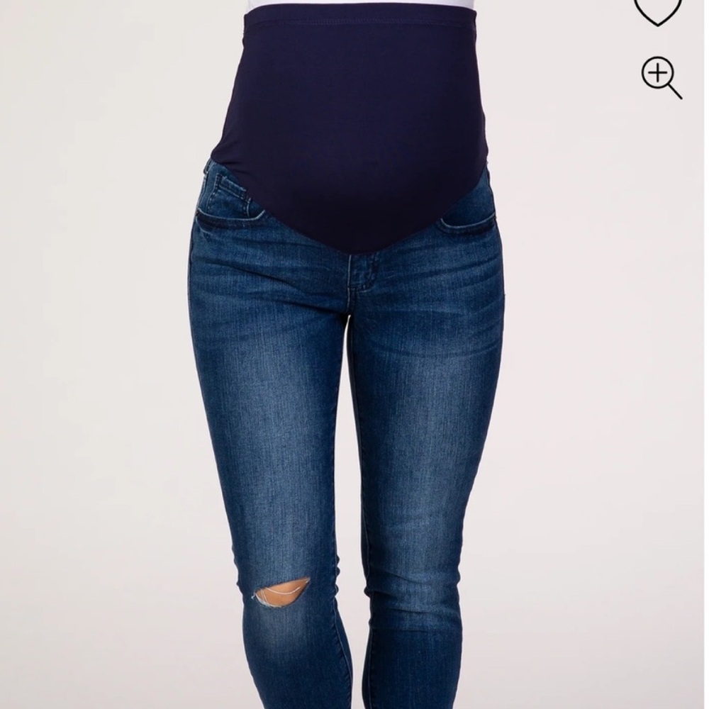 PinkBlush Navy Blue Raw Hem Maternity Skinny Jean with knee rip